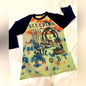 Vintage Sleeping Ghost Tie-Dye Raglan Top - Multi/Black